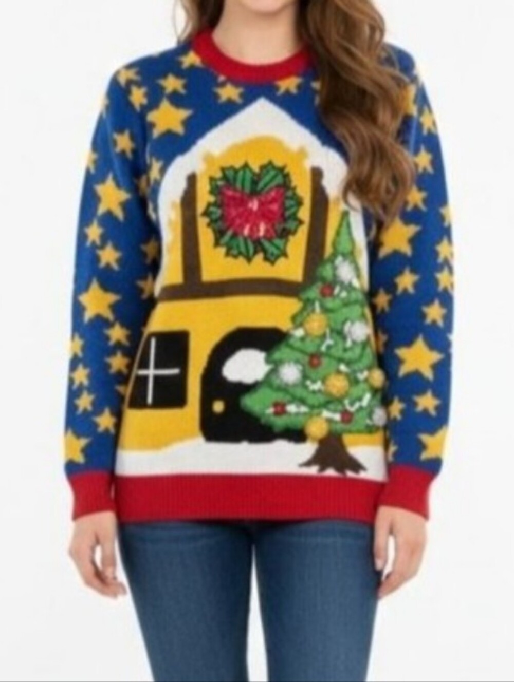 Cheesy Christmas Jumpers Ugly Sweater Sequin Pom Pom Tree Blue Stars Womens XS